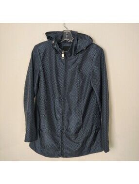 Novelti Navy Blue Polka Dot Hooded Rain Jacket Zip Up Trench Coat Women's Size 8